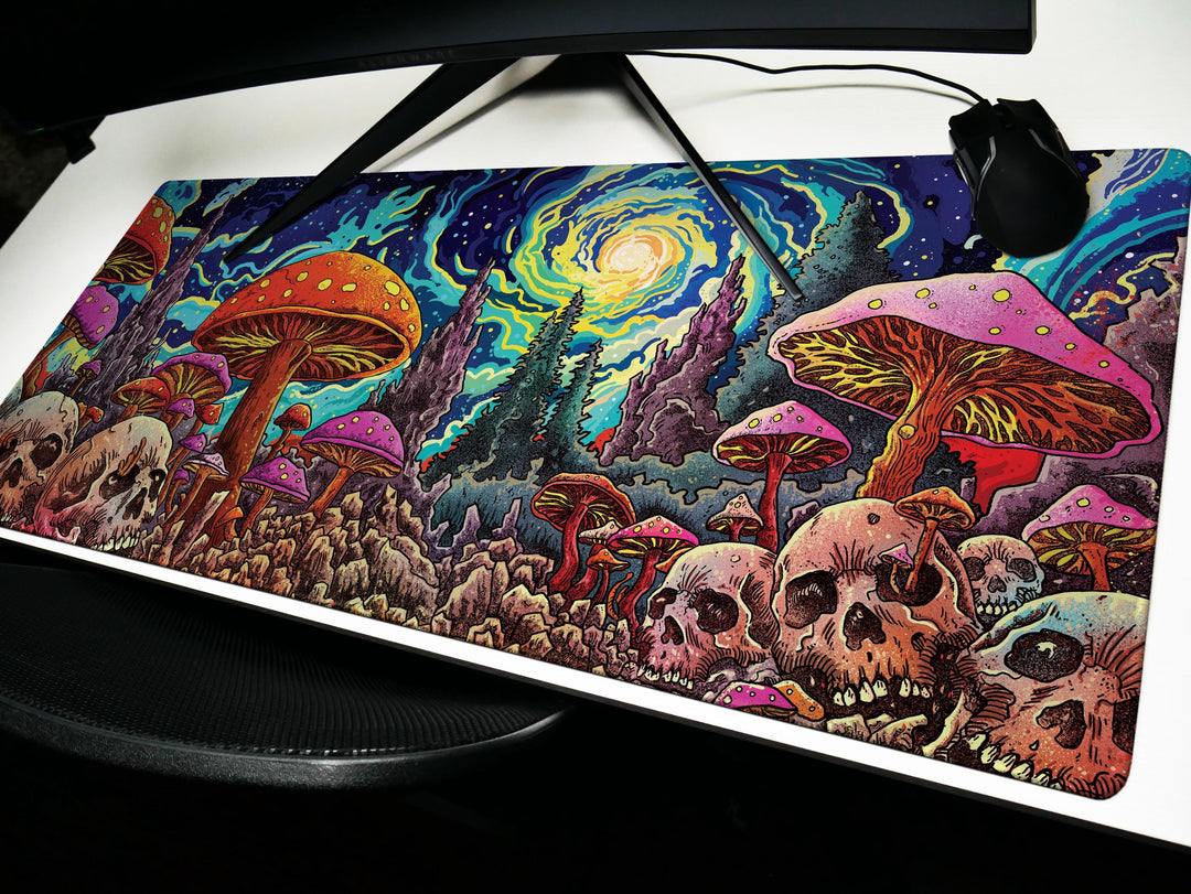 Psychedelic Skullscape, Desk Pad, Mouse Pad, Desk Mat, Cosmic Mushroom Forest, Vibrant Fantasy Art, Surreal Night Sky, Bold Statement Piece