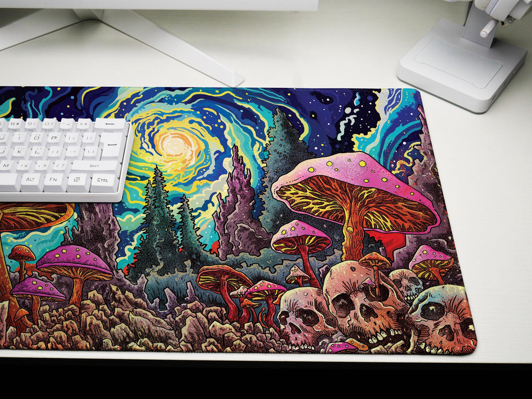 Psychedelic Skullscape, Desk Pad, Mouse Pad, Desk Mat, Cosmic Mushroom Forest, Vibrant Fantasy Art, Surreal Night Sky, Bold Statement Piece