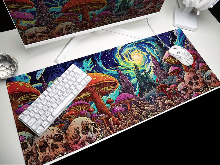 Psychedelic Skullscape, Desk Pad, Mouse Pad, Desk Mat, Cosmic Mushroom Forest, Vibrant Fantasy Art, Surreal Night Sky, Bold Statement Piece