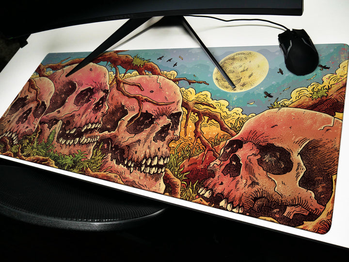Skulls of the Withered Grove, Desk Pad, Mouse Pad, Desk Mat, Bone Forest Horror, Surreal Nature, Full Moon Haunt