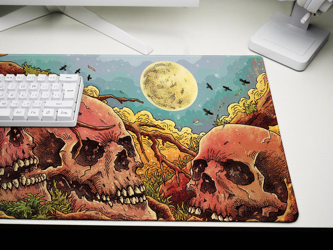 Skulls of the Withered Grove, Desk Pad, Mouse Pad, Desk Mat, Bone Forest Horror, Surreal Nature, Full Moon Haunt