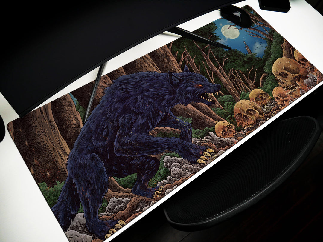 Feral Eclipse, Desk Pad, Mouse Pad, Desk Mat, Gothic Forest Predator, Skull Field, Nocturnal Monster Art, Fantasy Darkness