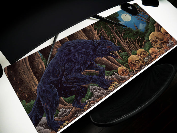 Feral Eclipse, Desk Pad, Mouse Pad, Desk Mat, Gothic Forest Predator, Skull Field, Nocturnal Monster Art, Fantasy Darkness