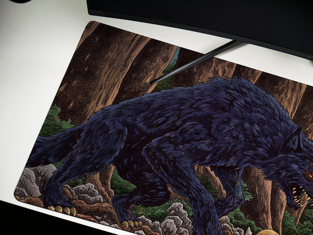Feral Eclipse, Desk Pad, Mouse Pad, Desk Mat, Gothic Forest Predator, Skull Field, Nocturnal Monster Art, Fantasy Darkness