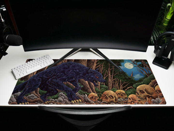 Feral Eclipse, Desk Pad, Mouse Pad, Desk Mat, Gothic Forest Predator, Skull Field, Nocturnal Monster Art, Fantasy Darkness