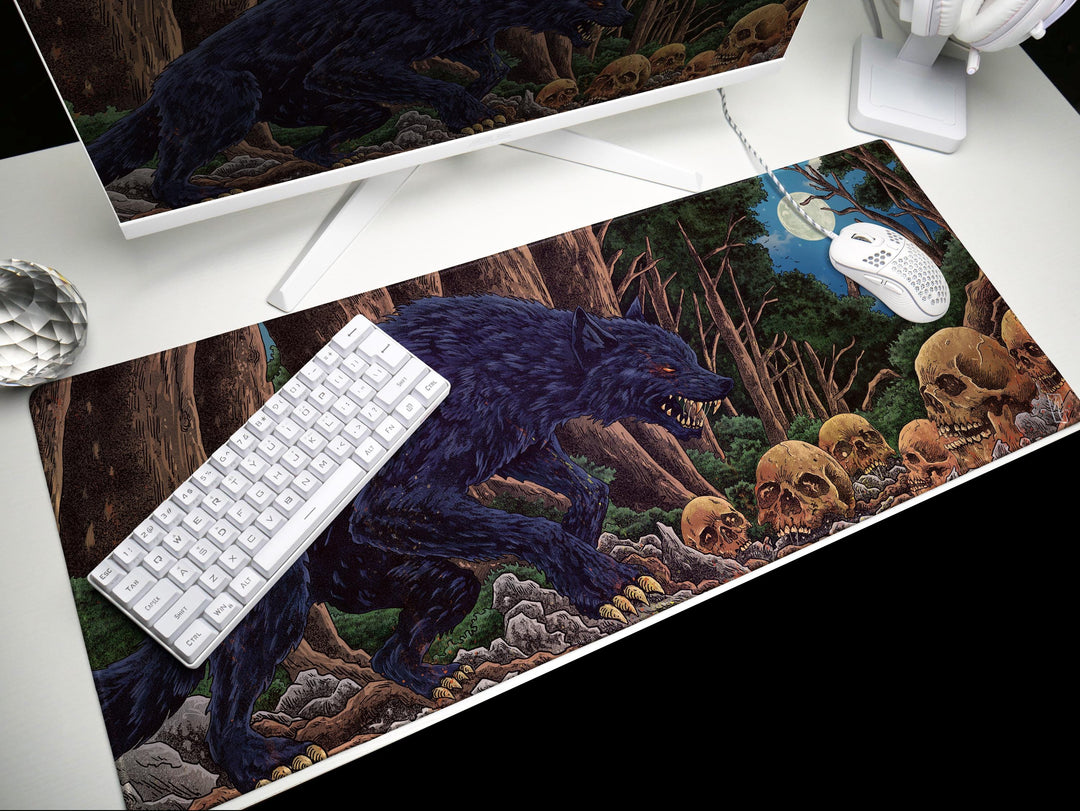 Feral Eclipse, Desk Pad, Mouse Pad, Desk Mat, Gothic Forest Predator, Skull Field, Nocturnal Monster Art, Fantasy Darkness