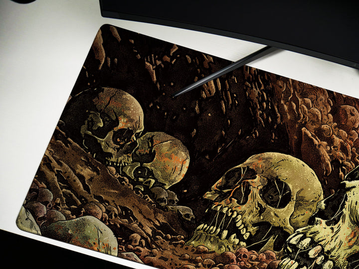 Grave Echoes, Desk Pad, Mouse Pad, Desk Mat, Decaying Skulls Art, Dark Horror Vibe, Graphic Bonescape, Gothic Dungeon Decor