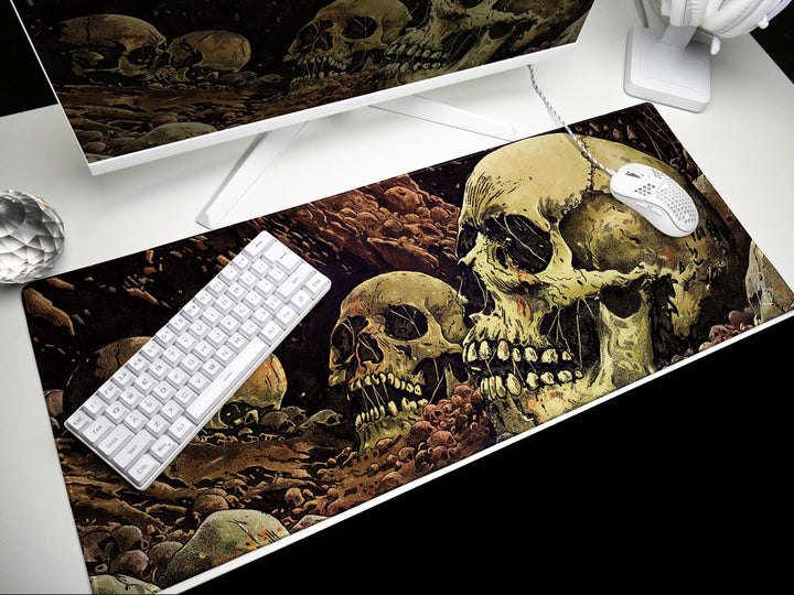 Grave Echoes, Desk Pad, Mouse Pad, Desk Mat, Decaying Skulls Art, Dark Horror Vibe, Graphic Bonescape, Gothic Dungeon Decor