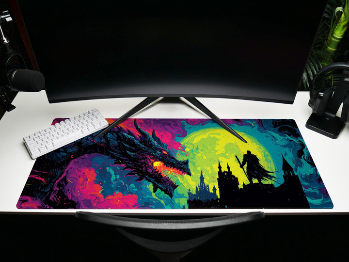 Eclipse of the Infernal Pact, Desk Pad, Mouse Pad, Desk Mat, Dragon vs Knight, Neon Gothic Fantasy, Epic Duel, Castle Silhouette