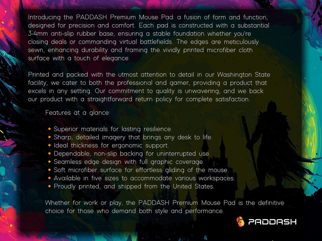 Eclipse of the Infernal Pact, Desk Pad, Mouse Pad, Desk Mat, Dragon vs Knight, Neon Gothic Fantasy, Epic Duel, Castle Silhouette