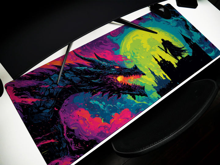 Eclipse of the Infernal Pact, Desk Pad, Mouse Pad, Desk Mat, Dragon vs Knight, Neon Gothic Fantasy, Epic Duel, Castle Silhouette