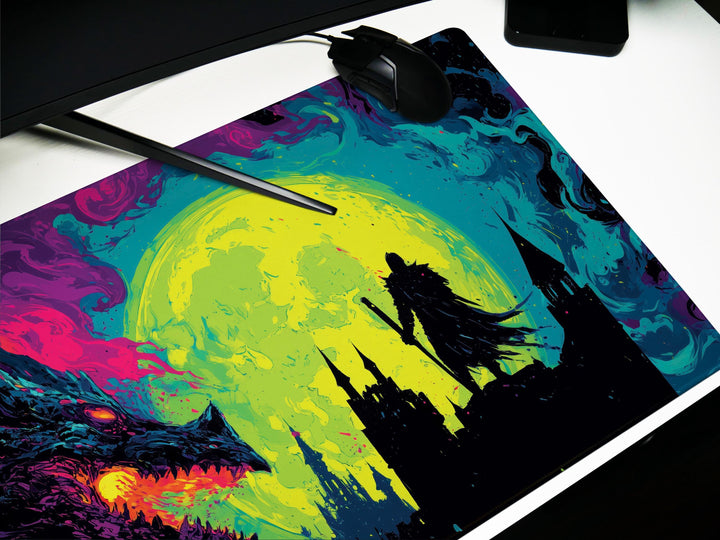 Eclipse of the Infernal Pact, Desk Pad, Mouse Pad, Desk Mat, Dragon vs Knight, Neon Gothic Fantasy, Epic Duel, Castle Silhouette