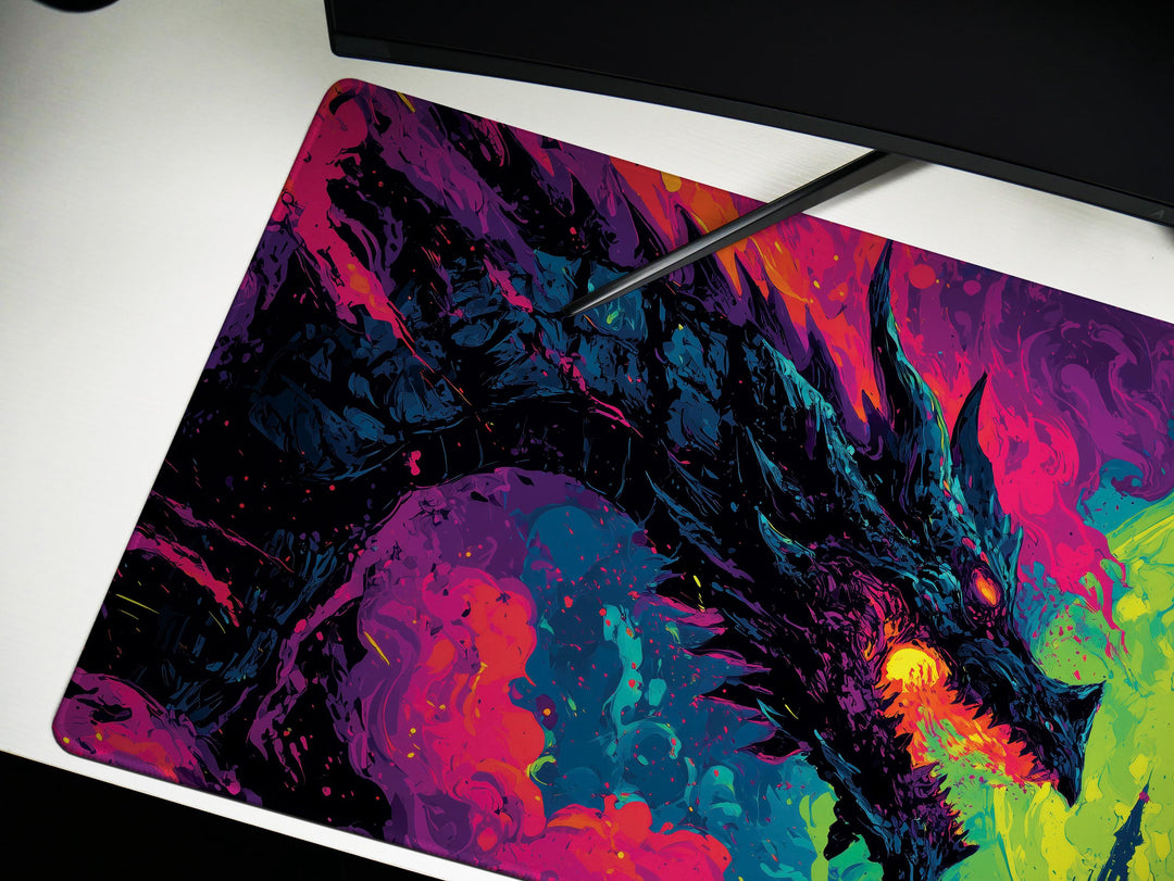 Eclipse of the Infernal Pact, Desk Pad, Mouse Pad, Desk Mat, Dragon vs Knight, Neon Gothic Fantasy, Epic Duel, Castle Silhouette