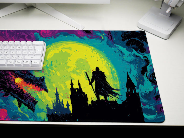 Eclipse of the Infernal Pact, Desk Pad, Mouse Pad, Desk Mat, Dragon vs Knight, Neon Gothic Fantasy, Epic Duel, Castle Silhouette