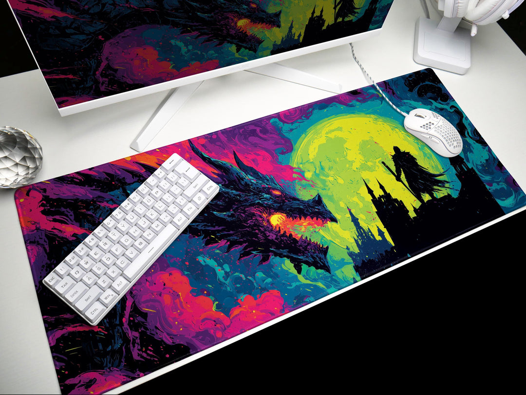 Eclipse of the Infernal Pact, Desk Pad, Mouse Pad, Desk Mat, Dragon vs Knight, Neon Gothic Fantasy, Epic Duel, Castle Silhouette