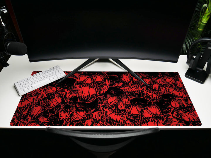 Fierce Skulls Black n Red, Desk Pad, Mouse Pad, Desk Mat, Intense Skull Pattern, Horror Ink Style, Graphic Contrast, Bold Gaming Art