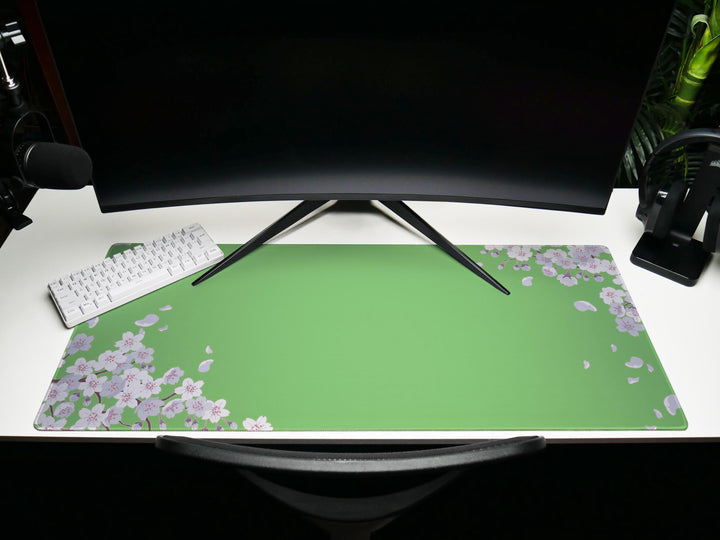 Pastel Green Blossoms, Desk Pad, Mouse Pad, Desk Mat, Sakura Petals, Soft Floral Art, Minimalist Workspace, Spring Pastel Design