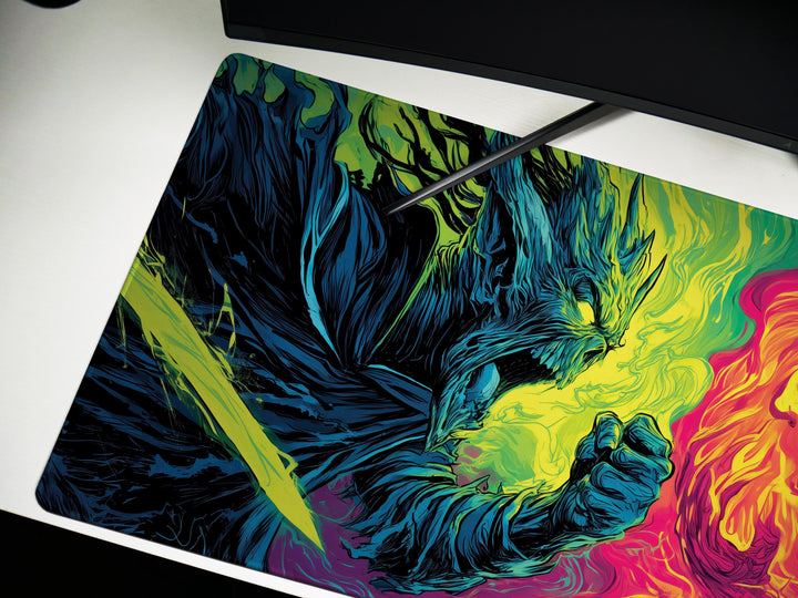 Clash of Infernal Titans, Desk Pad, Mouse Pad, Desk Mat, Neon Duel, Elemental Fury, Fiery Swordsmen, Dark Fantasy Combat