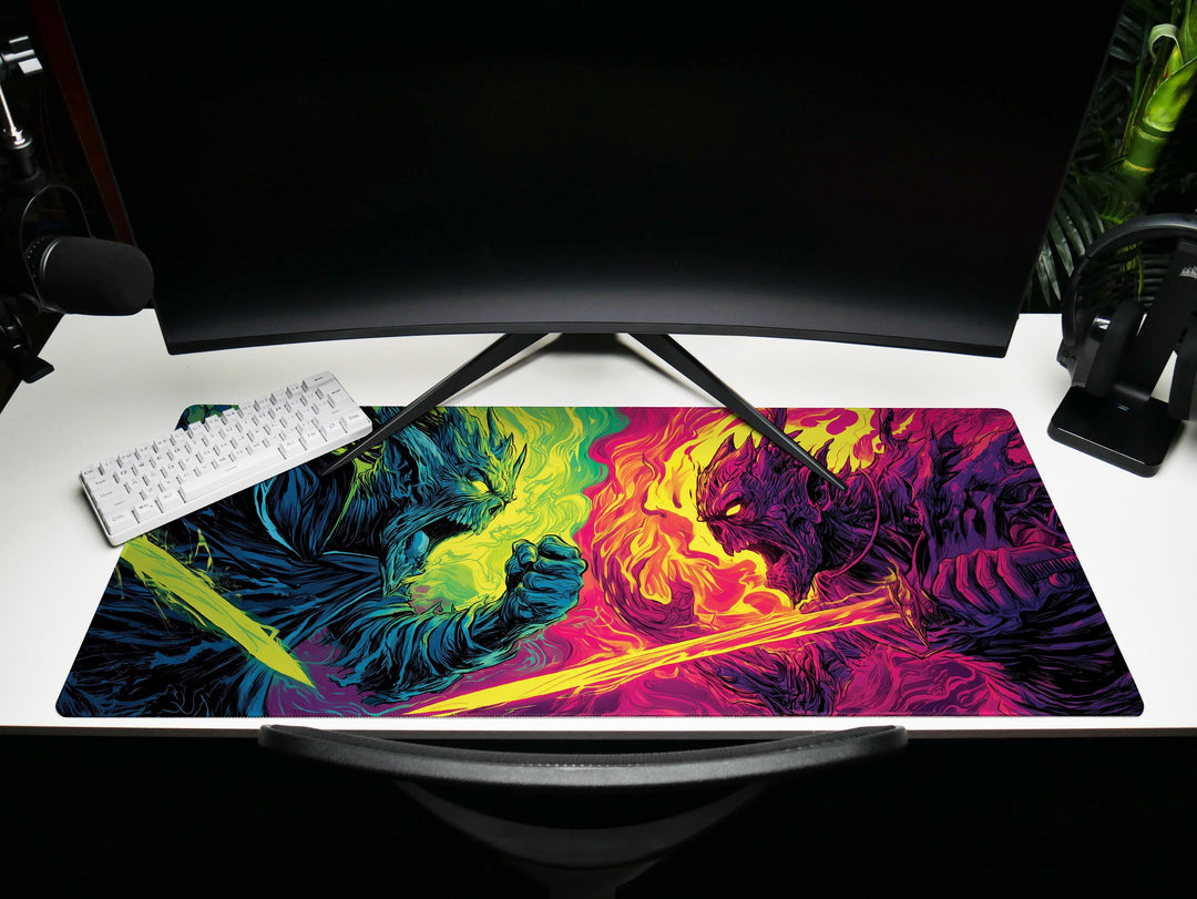 Clash of Infernal Titans, Desk Pad, Mouse Pad, Desk Mat, Neon Duel, Elemental Fury, Fiery Swordsmen, Dark Fantasy Combat