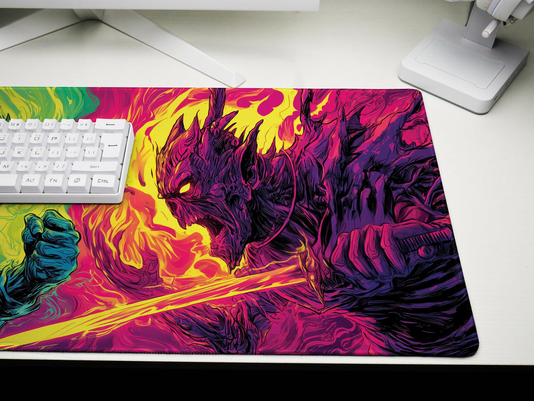 Clash of Infernal Titans, Desk Pad, Mouse Pad, Desk Mat, Neon Duel, Elemental Fury, Fiery Swordsmen, Dark Fantasy Combat