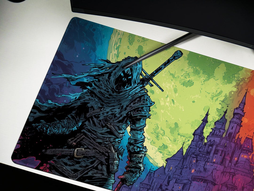 Thrones of Duskfall, Desk Pad, Mouse Pad, Desk Mat, Knightly Confrontation, Dual Moon Sky, Gothic Castle, Dark Fantasy Duel