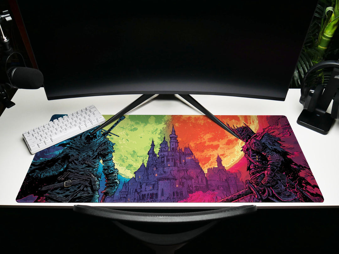 Thrones of Duskfall, Desk Pad, Mouse Pad, Desk Mat, Knightly Confrontation, Dual Moon Sky, Gothic Castle, Dark Fantasy Duel