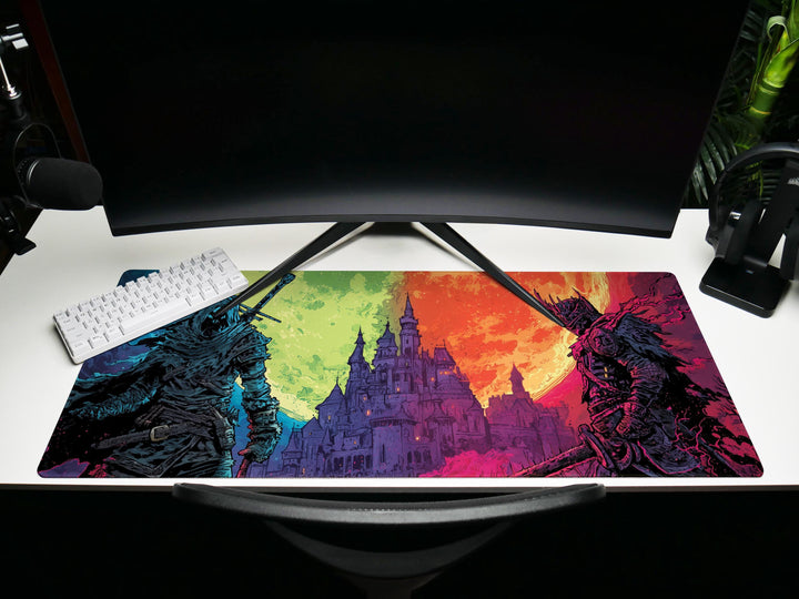 Thrones of Duskfall, Desk Pad, Mouse Pad, Desk Mat, Knightly Confrontation, Dual Moon Sky, Gothic Castle, Dark Fantasy Duel