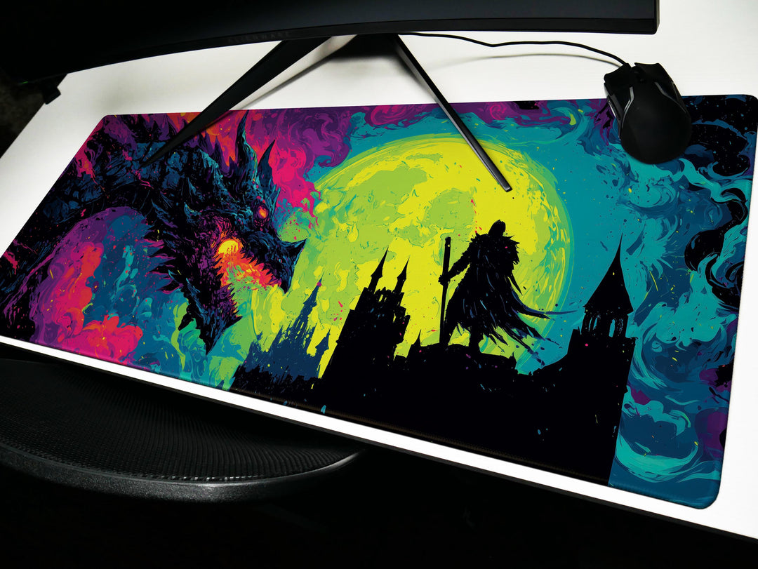 Eclipse of the Infernal Pact, Desk Pad, Mouse Pad, Desk Mat, Dragon vs Knight, Neon Gothic Fantasy, Epic Duel, Castle Silhouette