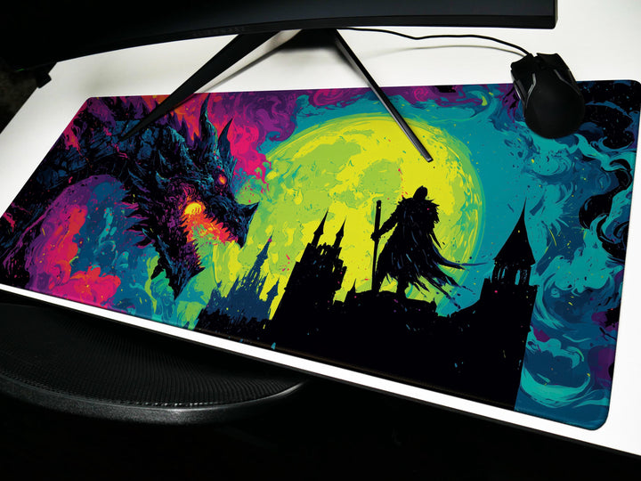 Eclipse of the Infernal Pact, Desk Pad, Mouse Pad, Desk Mat, Dragon vs Knight, Neon Gothic Fantasy, Epic Duel, Castle Silhouette