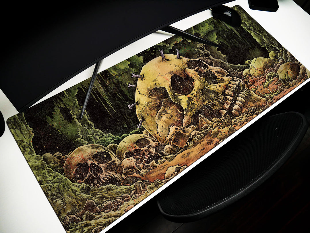 Cave of the Forsaken, Desk Pad, Mouse Pad, Desk Mat, Skull-Strewn Cavern, Macabre Decay, Gothic Horror Landscape
