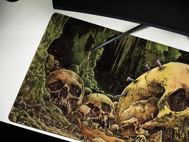 Cave of the Forsaken, Desk Pad, Mouse Pad, Desk Mat, Skull-Strewn Cavern, Macabre Decay, Gothic Horror Landscape