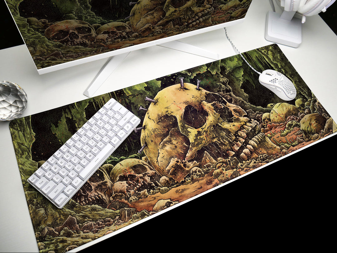 Cave of the Forsaken, Desk Pad, Mouse Pad, Desk Mat, Skull-Strewn Cavern, Macabre Decay, Gothic Horror Landscape