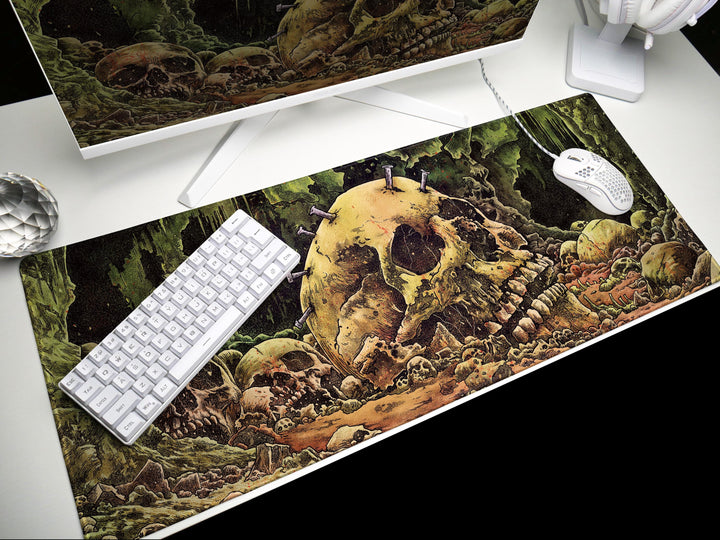 Cave of the Forsaken, Desk Pad, Mouse Pad, Desk Mat, Skull-Strewn Cavern, Macabre Decay, Gothic Horror Landscape