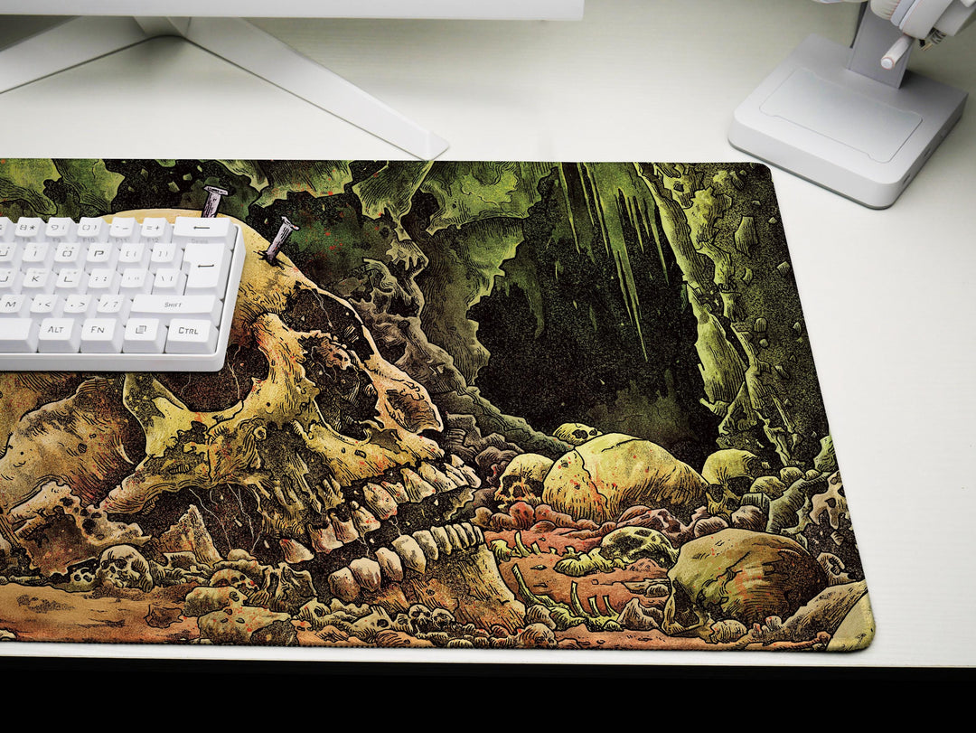 Cave of the Forsaken, Desk Pad, Mouse Pad, Desk Mat, Skull-Strewn Cavern, Macabre Decay, Gothic Horror Landscape
