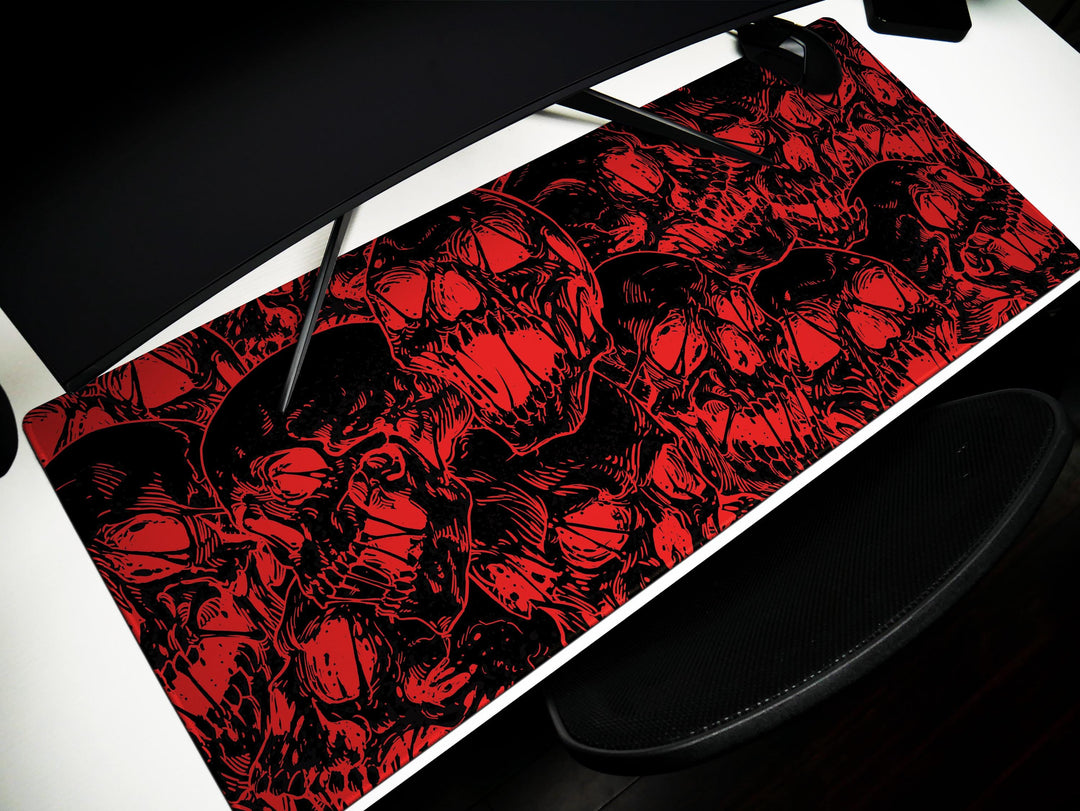 Fierce Skulls Black n Red, Desk Pad, Mouse Pad, Desk Mat, Intense Skull Pattern, Horror Ink Style, Graphic Contrast, Bold Gaming Art