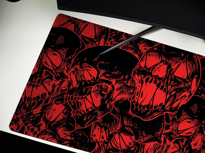 Fierce Skulls Black n Red, Desk Pad, Mouse Pad, Desk Mat, Intense Skull Pattern, Horror Ink Style, Graphic Contrast, Bold Gaming Art