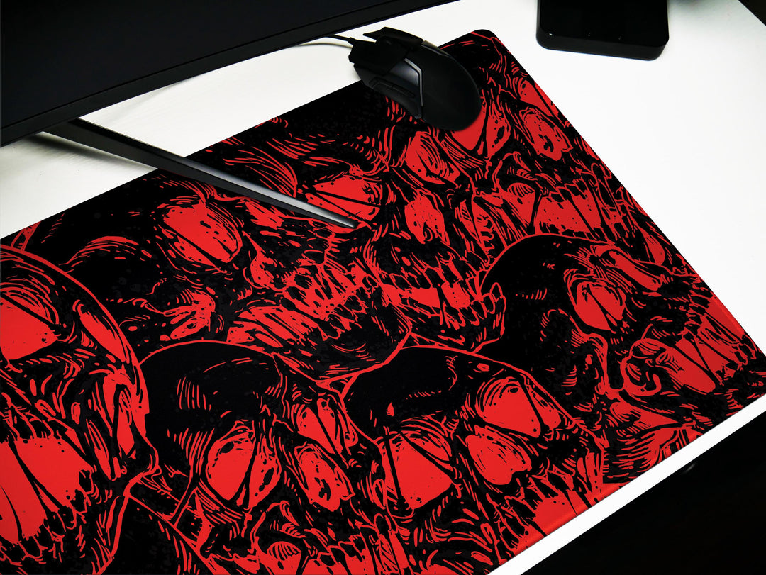 Fierce Skulls Black n Red, Desk Pad, Mouse Pad, Desk Mat, Intense Skull Pattern, Horror Ink Style, Graphic Contrast, Bold Gaming Art