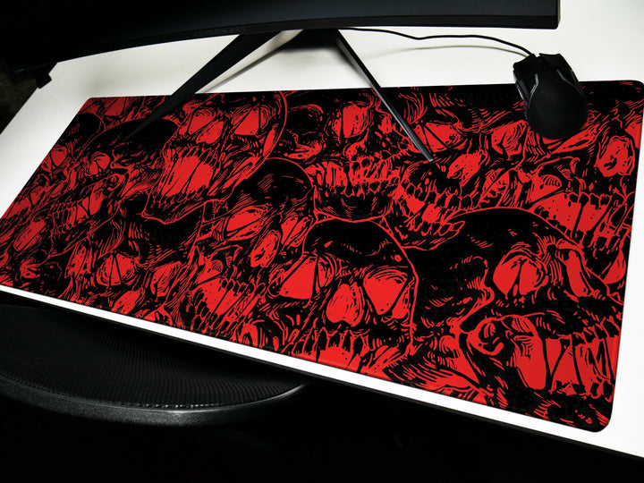 Fierce Skulls Black n Red, Desk Pad, Mouse Pad, Desk Mat, Intense Skull Pattern, Horror Ink Style, Graphic Contrast, Bold Gaming Art