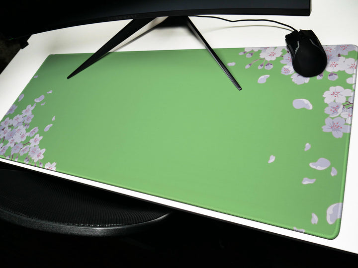 Pastel Green Blossoms, Desk Pad, Mouse Pad, Desk Mat, Sakura Petals, Soft Floral Art, Minimalist Workspace, Spring Pastel Design