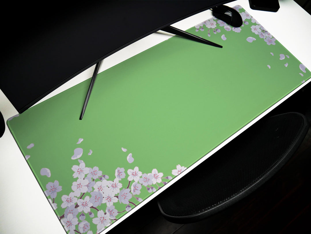Pastel Green Blossoms, Desk Pad, Mouse Pad, Desk Mat, Sakura Petals, Soft Floral Art, Minimalist Workspace, Spring Pastel Design