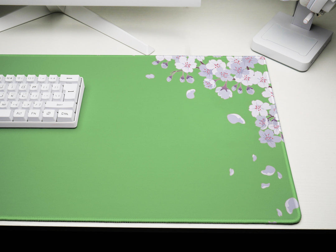 Pastel Green Blossoms, Desk Pad, Mouse Pad, Desk Mat, Sakura Petals, Soft Floral Art, Minimalist Workspace, Spring Pastel Design