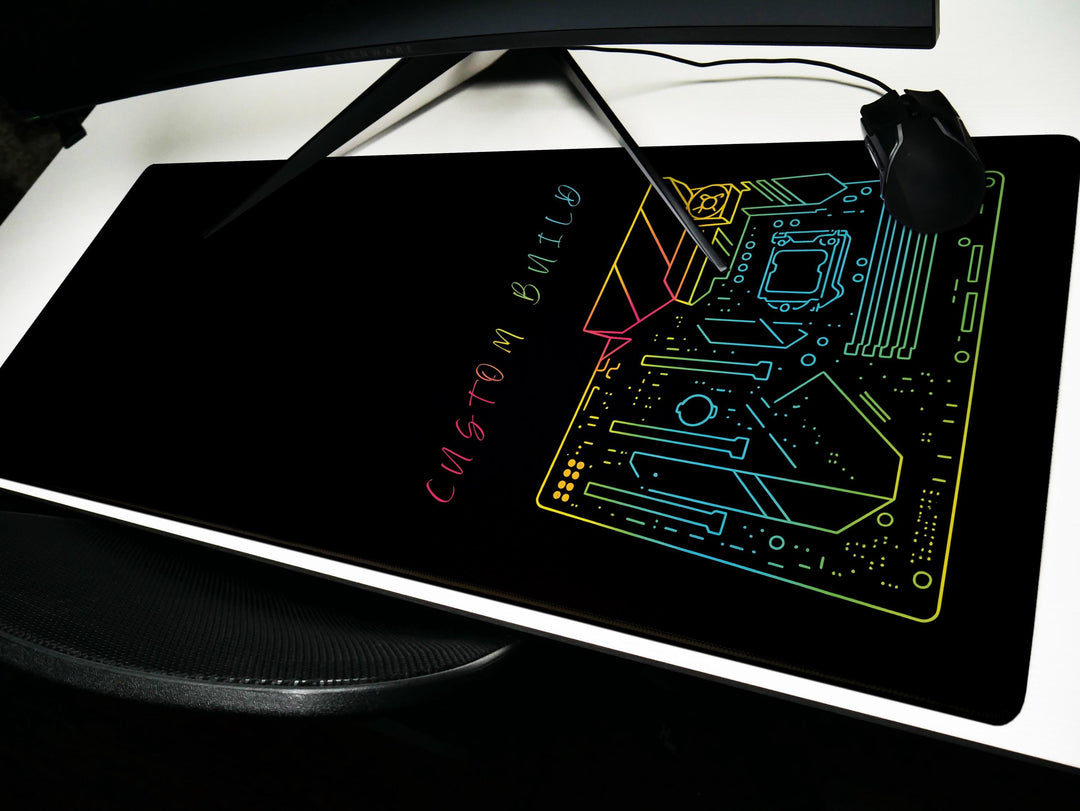 Custom Build Motherboard, Desk Pad, Mouse Pad, Desk Mat, Neon Circuit Art, Tech Illustration, RGB Style, Gamer PC Theme