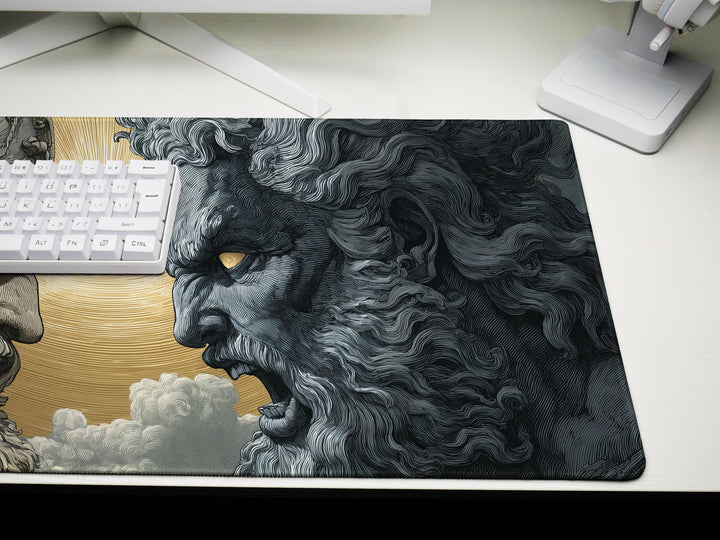 Titan Clash, Desk Pad, Mouse Pad, Desk Mat, Mythic Battle of Greek Gods, Zeus vs Titan, Sunburst Showdown, Epic Face-Off Art