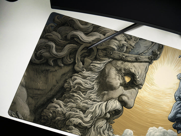 Titan Clash, Desk Pad, Mouse Pad, Desk Mat, Mythic Battle of Greek Gods, Zeus vs Titan, Sunburst Showdown, Epic Face-Off Art