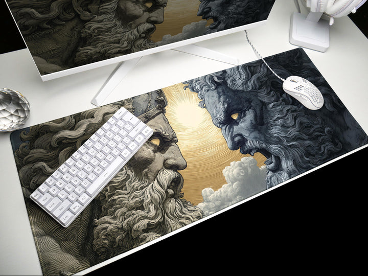 Titan Clash, Desk Pad, Mouse Pad, Desk Mat, Mythic Battle of Greek Gods, Zeus vs Titan, Sunburst Showdown, Epic Face-Off Art