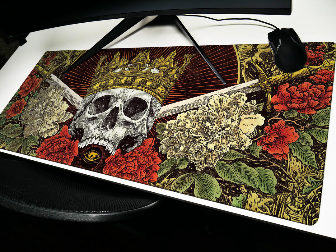 Crowned Skull Vigil, Desk Pad, Mouse Pad, Desk Mat, Gothic Royalty, Floral Daggers, Baroque Death Art