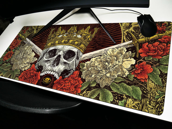 Crowned Skull Vigil, Desk Pad, Mouse Pad, Desk Mat, Gothic Royalty, Floral Daggers, Baroque Death Art