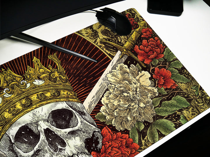 Crowned Skull Vigil, Desk Pad, Mouse Pad, Desk Mat, Gothic Royalty, Floral Daggers, Baroque Death Art