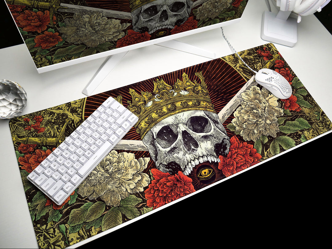 Crowned Skull Vigil, Desk Pad, Mouse Pad, Desk Mat, Gothic Royalty, Floral Daggers, Baroque Death Art
