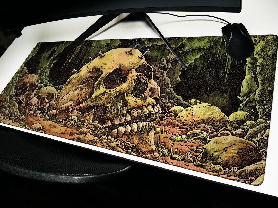Cave of the Forsaken, Desk Pad, Mouse Pad, Desk Mat, Skull-Strewn Cavern, Macabre Decay, Gothic Horror Landscape